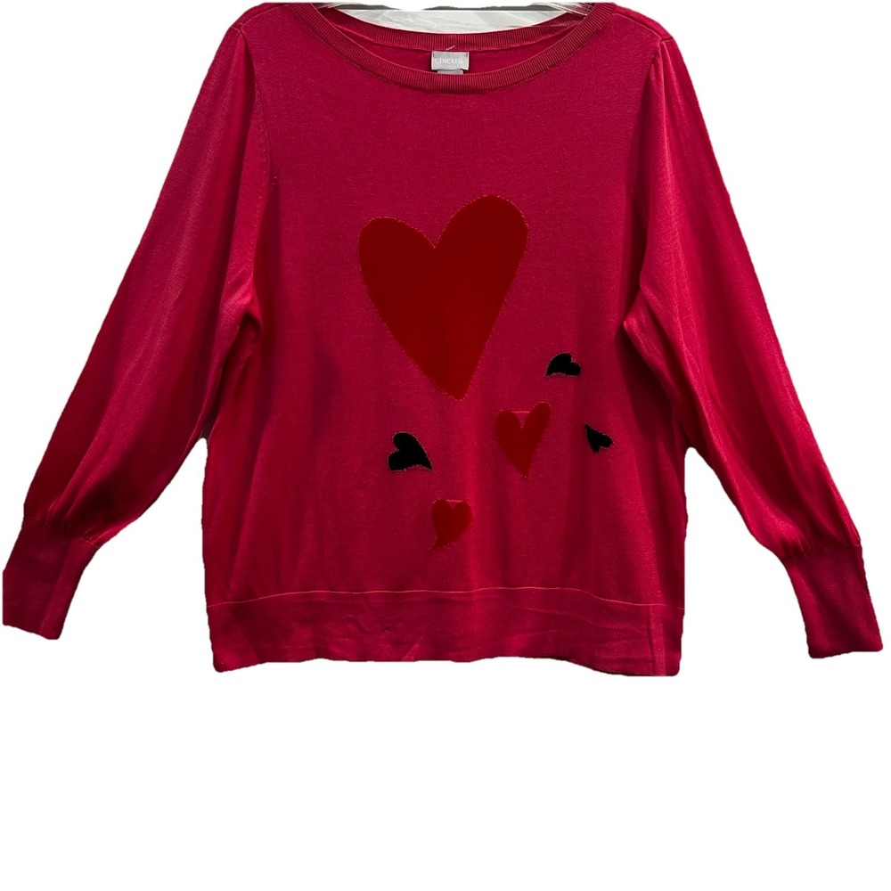 CHICO'S 2 Womens Large Sweater‎ Big Hearts Long Sleeve Cotton Lyocell Sweater
